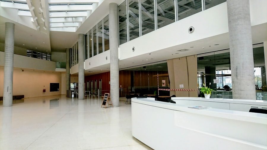 Clean office lobby with polished floors after hours